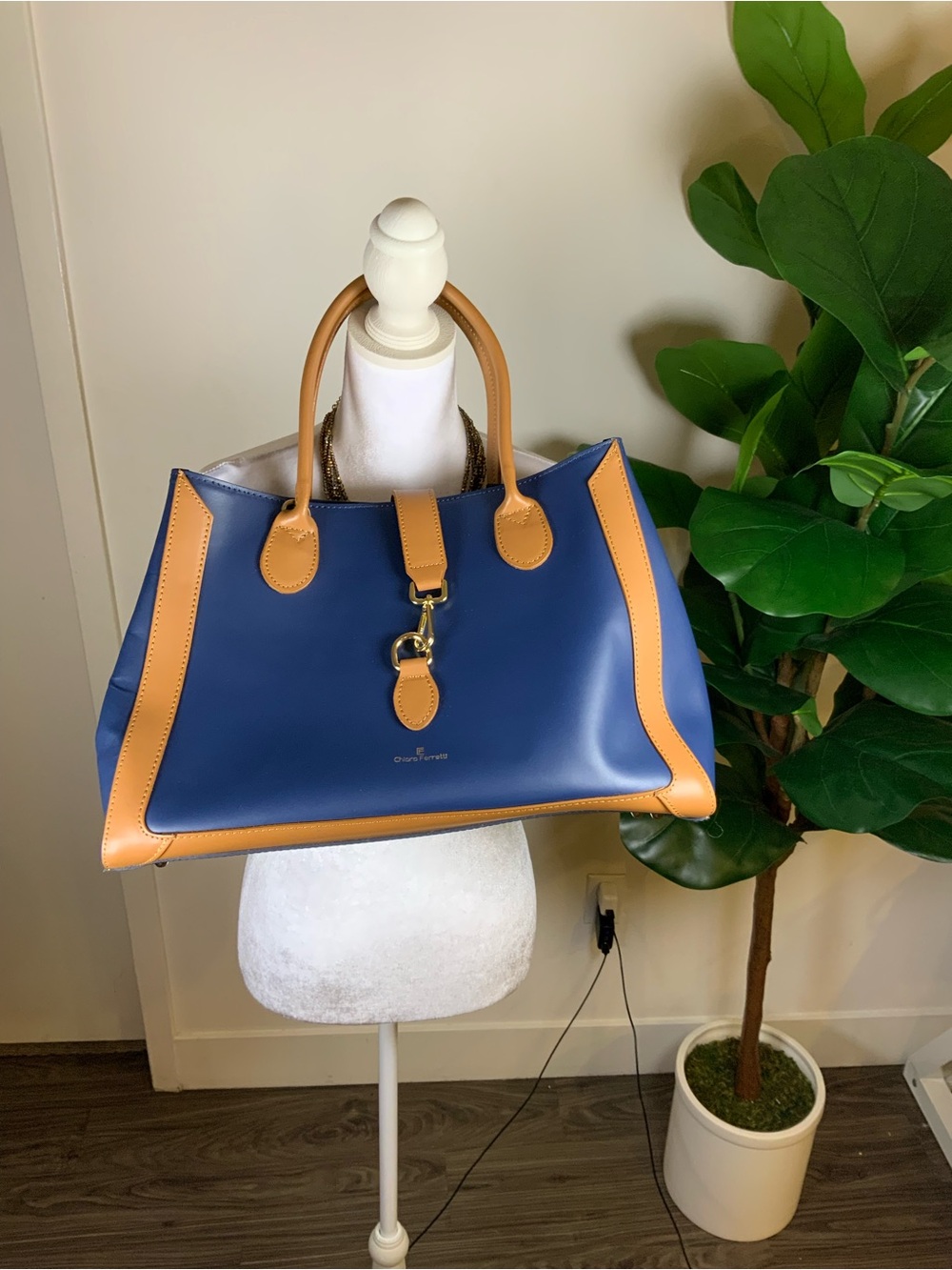 Navy and Tan Leather Tote with Gold Hardware